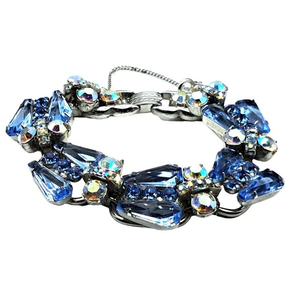 Juliana Pentagon Rhinestone Bracelet Blue Aurora Borealis Vintage Jewelry - Picture 3 of 6